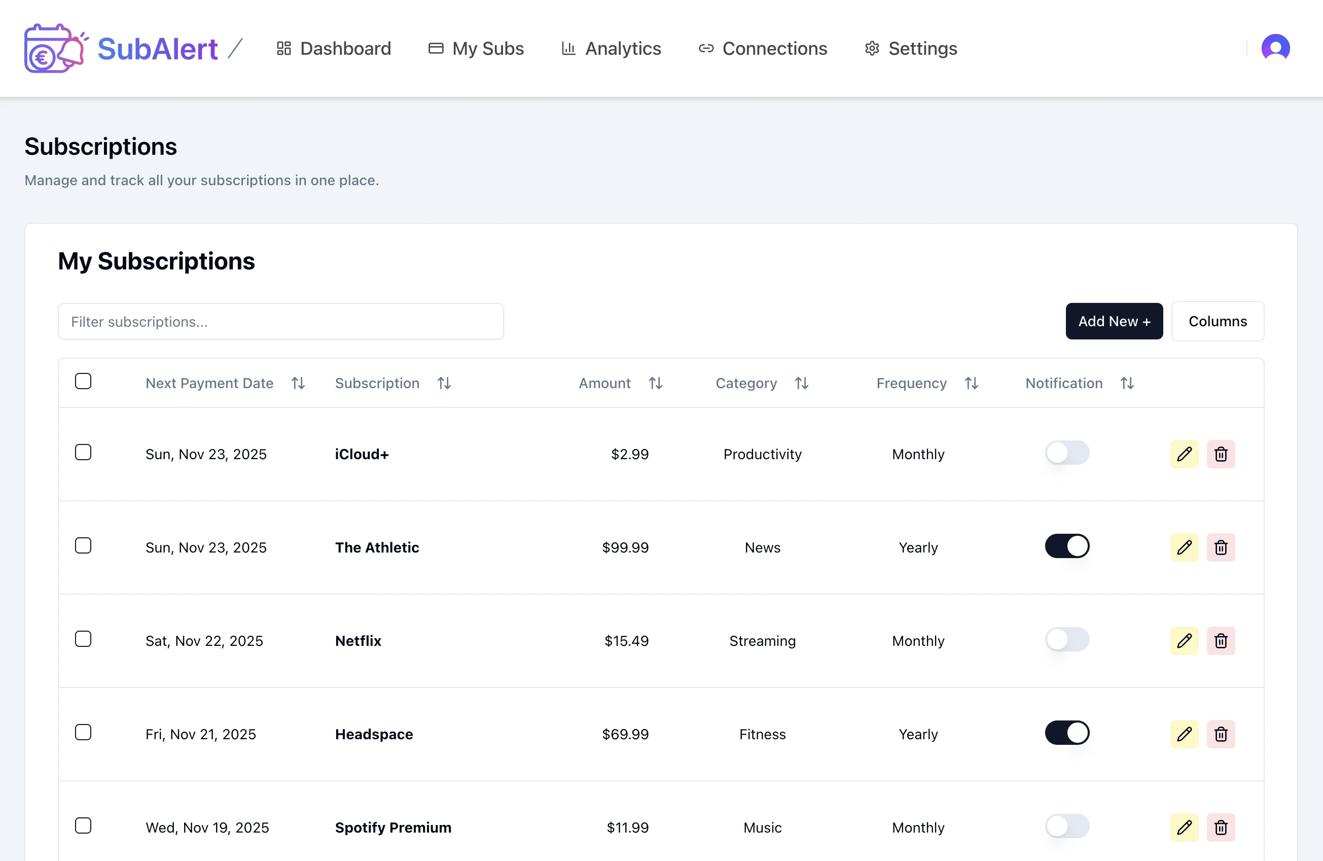 Add Your Subscriptions